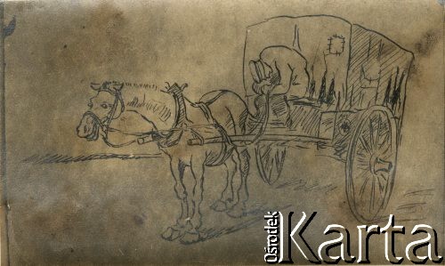 1915-1918, prawdopodobnie Ukraina.
Rysunek przedstawiający ambulans konny 6 Gospodarczego Czołowego Oddziału Sanitarnego (przemianowanego później na Korpusową Kolumnę Sanitarną) imperialnej armii rosyjskiej. Oddział przeszedł w 1917/1918 roku do II Korpusu Polskiego na Wschodzie.
Fot. NN, zbiory Ośrodka KARTA, przekazała Wanda Ustaszewska-Szamborska