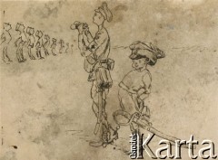 1915-1918, prawdopodobnie Ukraina.
Rysunek przedstawiający żołnierza 6 Gospodarczego Czołowego Oddziału Sanitarnego (przemianowanego później na Korpusową Kolumnę Sanitarną) imperialnej armii rosyjskiej i chłopca w mundurze podczas zbiórki. (Oddział przeszedł w 1917/1918 roku do II Korpusu Polskiego na Wschodzie). 
Fot. NN, zbiory Ośrodka KARTA, przekazała Wanda Ustaszewska-Szamborska