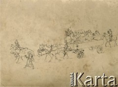 1915-1918, prawdopodobnie Ukraina.
Rysunek przedstawiający wóz 6 Gospodarczego Czołowego Oddziału Sanitarnego (przemianowanego później na Korpusową Kolumnę Sanitarną) imperialnej armii rosyjskiej. Oddział przeszedł w 1917/1918 roku do II Korpusu Polskiego na Wschodzie.
Fot. NN, zbiory Ośrodka KARTA, przekazała Wanda Ustaszewska-Szamborska