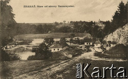 Przed 1939, Zbaraż, woj. tarnopolskie, Polska.
Staw od strony Bazarzyniec.
Fot. NN, zbiory Ośrodka KARTA, przekazała Janina Kuszell