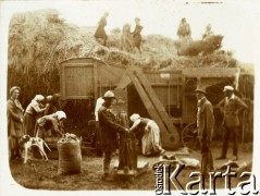 1920-1923, Wybranówka, pow. Bóbrka, woj. lwowskie, Polska.
Młocka. Z lewej Zofia Turzańska z psem myśliwskim Lordem, po prawej Eustachy Turzański - właściciele majątku Wybranówka, w środku rządca (?) majątku, na stercie dzieci Turzańskich - Janina i Czesław.
Fot. NN, zbiory Ośrodka KARTA, udostępnił Tomasz Kamiński