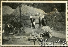 1933, Kurzany, pow. Brzeżany, woj. tarnopolskie, Polska.
Młocka.
Fot. NN, zbiory Ośrodka KARTA, udostępnił Tomasz Kamiński