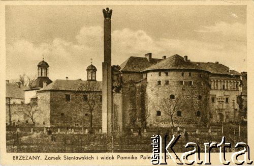 1939, Brzeżany, woj. tarnopolskie, Polska.
Zamek Sieniawskich oraz pomnik ku czci żołnierzy 51 Pułku Piechoty poległych w latach 1918-1921. 
Fot. NN, zbiory Ośrodka KARTA, udostępnił Tomasz Kamiński
