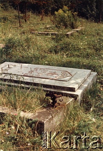 28.08.1971, Lwów, Ukraińska SRR, ZSRR.
Zniszczony Cmentarz Obrońców Lwowa (Cmentarz Orląt Lwowskich). Groby z pozrywanymi płytami, na jednym z nich namalowane ukraińskie godło 