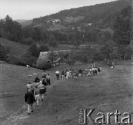 Po 1947, Chojnasty k. Cieplic Śląskich-Zdroju, woj. wrocławskie, Polska.
Wycieczka idzie w kierunku zamku Chojnasty (Chojnik). Zamek usytuowany jest nieopodal Jeleniej Góry, na szczycie góry Chojnik w Karkonoszach. Powstał w XIV w., był wielokrotnie przebudowywany. Właścicielami zamku była rodzina Schaffgotschów. W 1945 r. został otwarty dla zwiedzających.
Fot. Jerzy Konrad Maciejewski, zbiory Ośrodka KARTA
