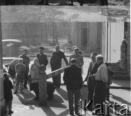 Czerwiec 1948, prawdopodobnie Cieplice Śląskie-Zdrój, woj. wrocławskie, Polska.
Przechodnie przyglądają się małemu niedźwiedziowi na łańcuchu.  
Fot. Jerzy Konrad Maciejewski, zbiory Ośrodka KARTA