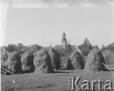 Czerwiec 1948, okolice Cieplic Śląskich-Zdrój, woj. wrocławskie, Polska.
Stogi siana na polu. W tle widać wieżę kościoła św. Jana Chrzciciela.
Fot. Jerzy Konrad Maciejewski, zbiory Ośrodka KARTA