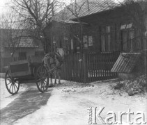 1949 (?), Drwalew, woj. warszawskie, Polska.
Wóz zaprzęgnięty w konia stoi przed gospodarstwem. 
Fot. Jerzy Konrad Maciejewski, zbiory Ośrodka KARTA