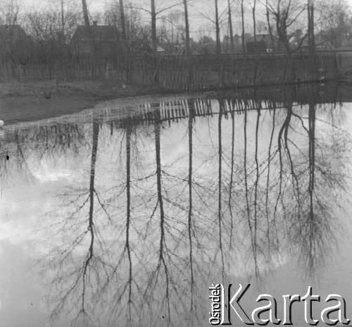 Lata 60. lub 70., Górecko Kościelne, woj. lubelskie, Polska.
Rozlewisko rzeki Szum; w oddali budynki.
Fot. Jerzy Konrad Maciejewski, zbiory Ośrodka KARTA