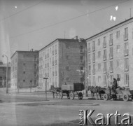 Po 1949, Warszawa, Polska.
Nowo wybudowane bloki na Muranowie przy ul. gen. Karola Świerczewskiego. Ulica połączona została w jeden ciąg z wybudowaną w latach 1947-1949 Trasą W-Z (Trasa Wschód-Zachód). Na zdjęciu widoczne stojące na ulicy wozy zaprzęgnięte w konie.
Fot. Jerzy Konrad Maciejewski, zbiory Ośrodka KARTA