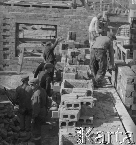 1950, Warszawa, Polska.
Zespół murarski Józefa Czajki ze Społecznego Towarzystwa Budowlanego na Mokotowie pracuje przy budowie domu mieszkalnego.
Fot. Jerzy Konrad Maciejewski, zbiory Ośrodka KARTA