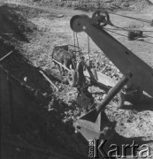 Po 1949, Warszawa, Polska.
Oczyszczanie terenu z gruzów pod budowę nowego osiedla na Muranowie. Przy maszynie stoi wóz zaprzęgnięty w konia i robotnik.
Fot. Jerzy Konrad Maciejewski, zbiory Ośrodka KARTA