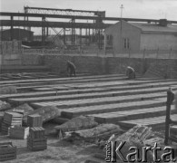 1961, Górce Nowe k. Warszawy, Polska.
Ogrodnik Pawłowski na dziedzińcu swojego gospodarstwa trzyma inspekty, w których uprawia warzywa. Za ogrodzeniem znajdują się tory kolejowe i urządzenia przeładunkowe.
Fot. Jerzy Konrad Maciejewski, zbiory Ośrodka KARTA