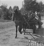 Po 1945, brak miejsca, Polska.
Mieszkańcy wsi jadą wozem zaprzęgniętym w konia.
Fot. Jerzy Konrad Maciejewski, zbiory Ośrodka KARTA