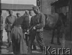 Wiosna 1940, La Maucarriere, Francja.
Żołnierz z 5 Małopolskiego Pułku Strzelców Pieszych 2. DSP pomaga mężczyźnie podkuć kopyto konia.
Fot. Jerzy Konrad Maciejewski, zbiory Ośrodka KARTA