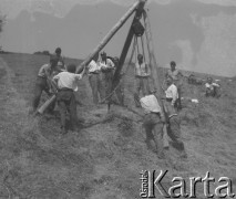 1942-1945, Senhoff, Szwajcaria.
Żołnierze z 2. Dywizji Strzelców Pieszych pracują przy wydobyciu z ziemi pali, na których były umocowane druty kolczaste. W pracy wykorzystują dźwig.
Fot. Jerzy Konrad Maciejewski, zbiory Ośrodka KARTA