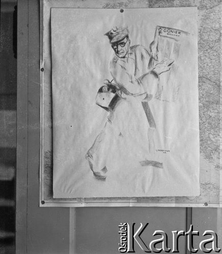 1943-1945, Baden, Szwajcaria.
Karykatura autorstwa żołnierza-malarza pchor. Jana Fortuny. Rysunek przedstawia członka redakcji gazety 