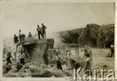 Lata 30., Sułncewo k. Warny (?), Bułgaria.
Rolnicy we wsi pracują przy młóceniu zboża obsługując młockarnię. W pracy pomagają także kobiety.
Fot. Jerzy Konrad Maciejewski, zbiory Ośrodka KARTA