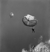 24.06.1972, Cedynia, Polska
Obchody tysiąclecia bitwy pod Cedynią. Na górze Czcibora odsłonięto Pomnik Polskiego Zwycięstwa nad Odrą. Nz. spadochroniarze.
Fot. Maciej Jasiecki, zbiory Ośrodka KARTA
