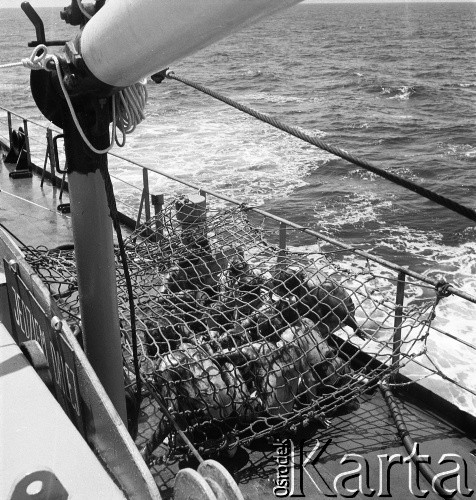 1975, brak miejsca.
Chrzest morski dla członków załogi, którzy po raz pierwszy przekroczyli równik. Zdjęcie wykonane w czasie rejsu MS Kopalnia Wirek.
Fot. Maciej Jasiecki, zbiory Ośrodka KARTA