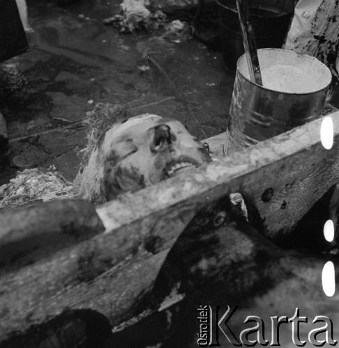 1975, brak miejsca.
Chrzest morski Macieja Jasieckiego, który po raz pierwszy przekroczył równik. Zdjęcie wykonane w czasie rejsu MS Kopalnia Wirek.
Fot. NN, zbiory Ośrodka KARTA