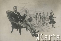Ok. 1920, brak miejsca.
Karykatura ukazująca S. Rachwała z albumu przedstawiającego pracowników Urzędu do Spraw Powrotu Jeńców, Uchodźców i Robotników. 
Fot. NN, kolekcja Jana Piekutowskiego, zbiory Ośrodka KARTA