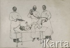 Ok. 1920, brak miejsca.
Karykatura ukazująca (od lewej) A. Chwasta, S. Dębowskiego, J. Ślaskiego z albumu przedstawiającego pracowników Urzędu do Spraw Powrotu Jeńców, Uchodźców i Robotników.
Fot. NN, kolekcja Jana Piekutowskiego, zbiory Ośrodka KARTA
