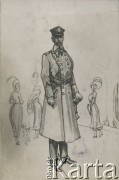 Ok. 1920, brak miejsca.
Karykatura ukazująca J. Listowskiego z albumu przedstawiającego pracowników Urzędu do Spraw Powrotu Jeńców, Uchodźców i Robotników. 
Fot. NN, kolekcja Jana Piekutowskiego, zbiory Ośrodka KARTA