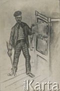 Ok. 1920, brak miejsca.
Karykatura ukazująca K. Potrzebskiego z albumu przedstawiającego pracowników Urzędu do Spraw Powrotu Jeńców, Uchodźców i Robotników. 
Fot. NN, kolekcja Jana Piekutowskiego, zbiory Ośrodka KARTA
