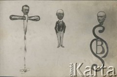 Ok. 1920, brak miejsca.
Karykatura ukazująca (od lewej) S. Karbownickiego, J. Kleina i S. Skupieńskiego z albumu przedstawiającego pracowników Urzędu do Spraw Powrotu Jeńców, Uchodźców i Robotników. 
Fot. NN, kolekcja Jana Piekutowskiego, zbiory Ośrodka KARTA