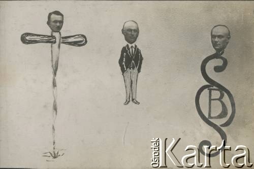 Ok. 1920, brak miejsca.
Karykatura ukazująca (od lewej) S. Karbownickiego, J. Kleina i S. Skupieńskiego z albumu przedstawiającego pracowników Urzędu do Spraw Powrotu Jeńców, Uchodźców i Robotników. 
Fot. NN, kolekcja Jana Piekutowskiego, zbiory Ośrodka KARTA