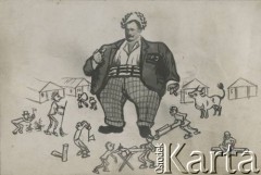 Ok. 1920, brak miejsca.
Karykatura ukazująca S. Sieczkowskiego z albumu przedstawiającego pracowników Urzędu do Spraw Powrotu Jeńców, Uchodźców i Robotników. 
Fot. NN, kolekcja Jana Piekutowskiego, zbiory Ośrodka KARTA