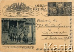 Sierpień 1939, Zakopane, woj. krakowskie, Polska.
Okolicznościowa kartka pocztowa wydana z okazji 25 rocznicy wymarszu I Kompanii Kadrowej. Na pocztówce fotografia przedstawiająca Józefa Piłsudskiego z oficerami sztabu przed kwaterą 1 Pułku Piechoty Legionów Polskich w Turze Dolnym nad Nidą. Zdjęcie wykonano w kwietniu 1915 roku.
Fot. NN, zbiory Ośrodka KARTA, kolekcja Kazimierza Pluty-Czachowskiego.