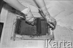 Styczeń 1982, Warszawa, Polska.
Podziemna drukarnia. Druk ulotek.
Fot. NN z archiwum Małgorzaty Niezabitowskiej i Tomasza Tomaszewskiego, zbiory Ośrodka KARTA
