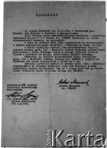 1947 (?), Polska.
Zeznanie Antoniego Łukomskiego, byłego więźnia obozu koncentracyjnego Auschwitz-Birkenau dotyczące Wigilii w obozie w dniu 24 czerwca 1943 roku.
Kolekcja Cezarego Chlebowskiego, zbiory Ośrodka KARTA