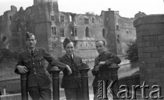 1943-1946, Wielka Brytania. 
Grupa członków z personelu naziemnego Polskich Sił Powietrznych przy ruinach jednego z licznych zamków na Wyspach Brytyjskich. Na kieszeni lotnika pierwszego z lewej zwraca uwagę odznaka 305 Dywizjonu.
Fot. Zenon Brejwo, zbiory Ośrodka KARTA