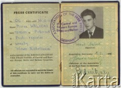1.02.1950, Augsburg, RFN.
Legitymacja prasowa Marka Walickiego.
Fot. NN, kolekcja Marka Walickiego, zbiory Ośrodka KARTA
