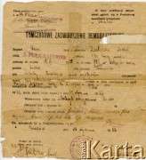 1922, Kraków, Polska.
Tymczasowe Zaświadczenie Demobilizacyjne sapera Michała Zacharki.
Fot. NN, zbiory Adeli Kozlowski i Eugeniusza Zacharko, reprodukcje cyfrowe w  Bibliotece Polskiej im. Ignacego Domeyki w Buenos Aires (Biblioteca Polaca Ignacio Domeyko) i w Ośrodku KARTA w Warszawie

