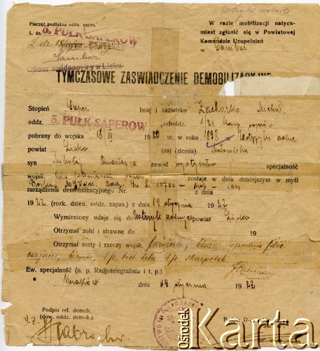 1922, Kraków, Polska.
Tymczasowe Zaświadczenie Demobilizacyjne sapera Michała Zacharki.
Fot. NN, zbiory Adeli Kozlowski i Eugeniusza Zacharko, reprodukcje cyfrowe w  Bibliotece Polskiej im. Ignacego Domeyki w Buenos Aires (Biblioteca Polaca Ignacio Domeyko) i w Ośrodku KARTA w Warszawie
