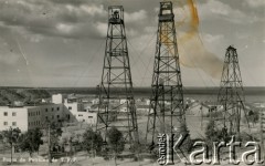 Brak daty, Kilometro 3, Comodoro Rivadavia, prowincja Chubut, Argentyna.
Wieże wiertnicze należące do koncernu Yacimientos Petrolíferos Fiscales (Y.P.F).
Fot. NN, zbiory Moniki Mickiewicz, reprodukcje cyfrowe w Bibliotece Polskiej im. Ignacego Domeyki w Buenos Aires (Biblioteca Polaca Ignacio Domeyko) i w Ośrodku KARTA w Warszawie.