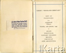 29.01.1949, Londyn, Wielka Brytania.
Lista pasażerów płynących statkiem Royal Mail z Londynu do Hiszpanii, Portugalii, na Wyspy Kanaryjskie, do Argentyny i Urugwaju.
Fot. NN, zbiory Andresa Jozwickiego, reprodukcje cyfrowe w Bibliotece Polskiej im. Ignacego Domeyki w Buenos Aires (Biblioteca Polaca Ignacio Domeyko) i w Ośrodku KARTA w Warszawie.
