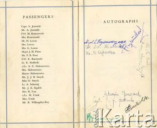 29.01.1949, Londyn, Wielka Brytania.
Lista pasażerów płynących statkiem Royal Mail z Londynu do Hiszpanii, Portugalii, na Wyspy Kanaryjskie, do Argentyny i Urugwaju.
Fot. NN, zbiory Andresa Jozwickiego, reprodukcje cyfrowe w Bibliotece Polskiej im. Ignacego Domeyki w Buenos Aires (Biblioteca Polaca Ignacio Domeyko) i w Ośrodku KARTA w Warszawie.
