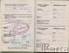 15.10.1946, Londyn, Wielka Brytania.
Paszport Stanisława Jóźwickiego.
Fot. NN, zbiory Andresa Jozwickiego, reprodukcje cyfrowe w Bibliotece Polskiej im. Ignacego Domeyki w Buenos Aires (Biblioteca Polaca Ignacio Domeyko) i w Ośrodku KARTA w Warszawie.