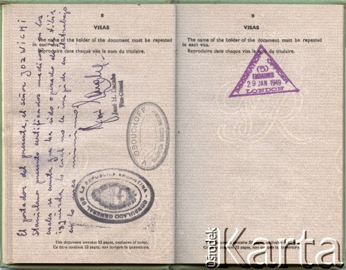 15.10.1946, Londyn, Wielka Brytania.
Paszport Stanisława Jóźwickiego.
Fot. NN, zbiory Andresa Jozwickiego, reprodukcje cyfrowe w Bibliotece Polskiej im. Ignacego Domeyki w Buenos Aires (Biblioteca Polaca Ignacio Domeyko) i w Ośrodku KARTA w Warszawie.
