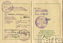 1947-1948, Wielka Brytania.
Paszport Andrzeja Jóźwickiego.
Fot. NN, zbiory Andresa Jozwickiego, reprodukcje cyfrowe w Bibliotece Polskiej im. Ignacego Domeyki w Buenos Aires (Biblioteca Polaca Ignacio Domeyko) i w Ośrodku KARTA w Warszawie.