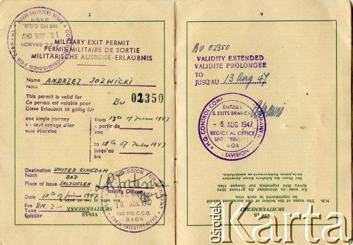 1947-1948, Wielka Brytania.
Paszport Andrzeja Jóźwickiego.
Fot. NN, zbiory Andresa Jozwickiego, reprodukcje cyfrowe w Bibliotece Polskiej im. Ignacego Domeyki w Buenos Aires (Biblioteca Polaca Ignacio Domeyko) i w Ośrodku KARTA w Warszawie.