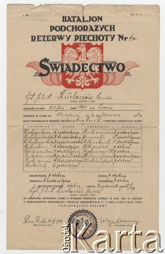 30.06.1932, Rawa Ruska, woj. Lwów, Polska.
Świadectwo ukończenia kursu podchorążych rezerwy przez Stanisława Kucharzów.
Fot. zbiory Ośrodka KARTA, kolekcję Zofii Kucharzów przekazała Bożena Łuczko [AW III/154]