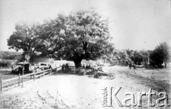 1914, Kostrzeszyn, pow. Pińczów.
Austriackie przejście graniczne na drodze z Kostrzeszyna do Antonowa, w głębi po prawej stronie widać słupy graniczne, z lewej austriacki posterunek.
Fot. Jarosław Okulicz-Kozaryn, zbiory Ośrodka KARTA