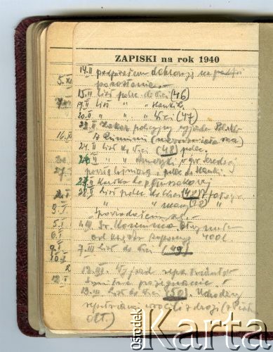 14.02-13.03.1940, brak miejsca.
Kalendarz z zapiskami polskiego uchodźcy.
Fot. zbiory Ośrodka KARTA