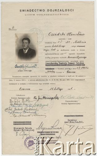 15.02.1941, Craiova, Rumunia
Świadectwo maturalne Stanisława Owidzkiego.
Fot. zbiory Ośrodka KARTA